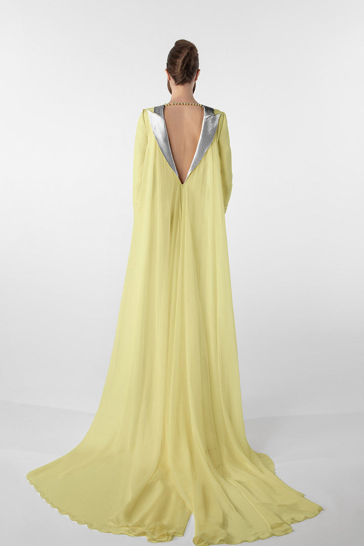 Crepe Dress with Metallic Collar and Chiffon Cape