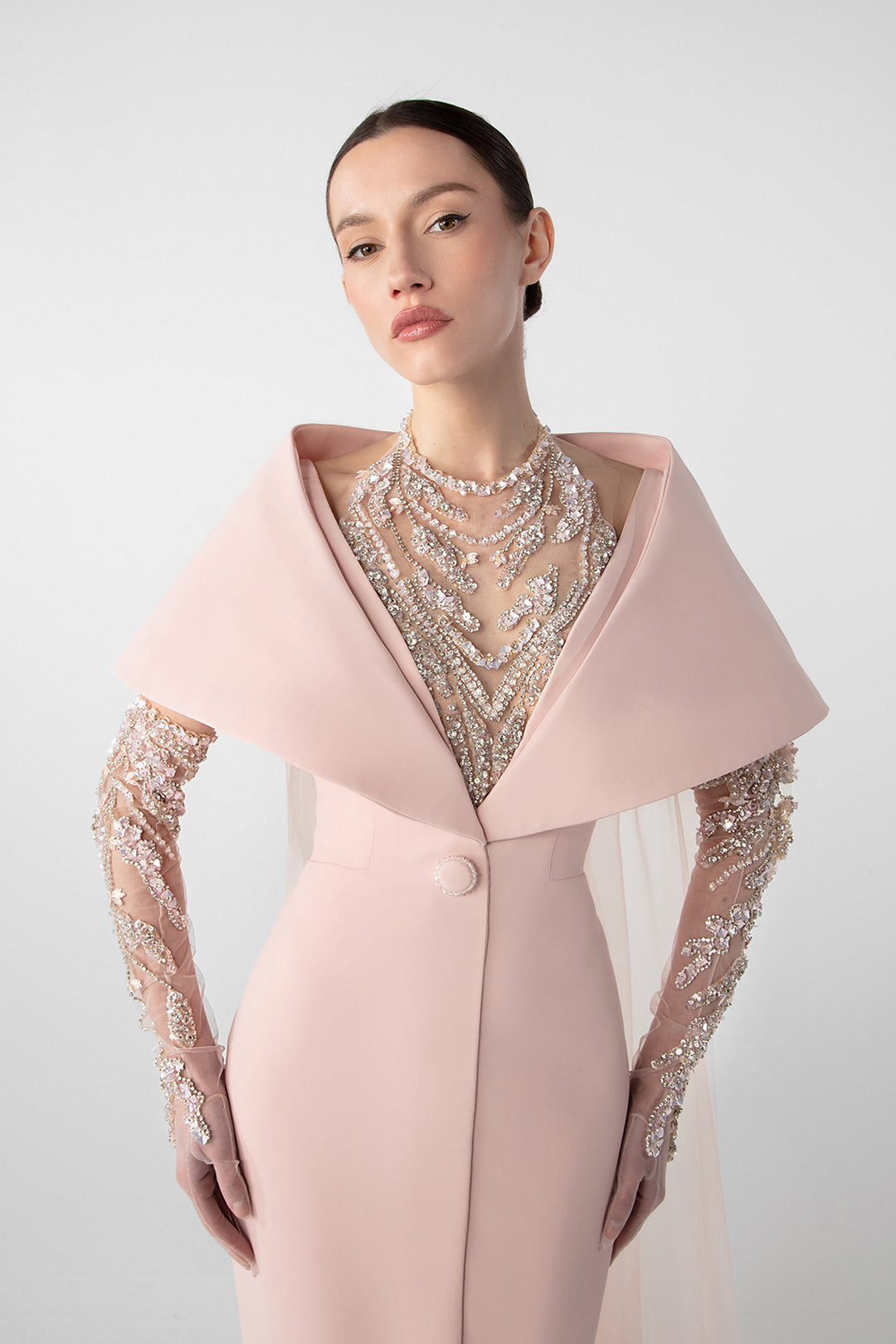 Hand-Embroidered Gloves and Crepe Mermaid Dress