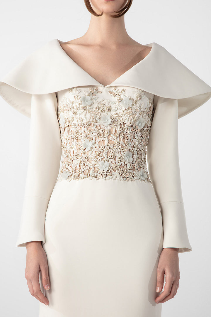 Mermaid Crepe Dress with Embroidered Bodice