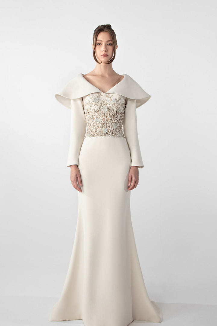 Mermaid Crepe Dress with Embroidered Bodice