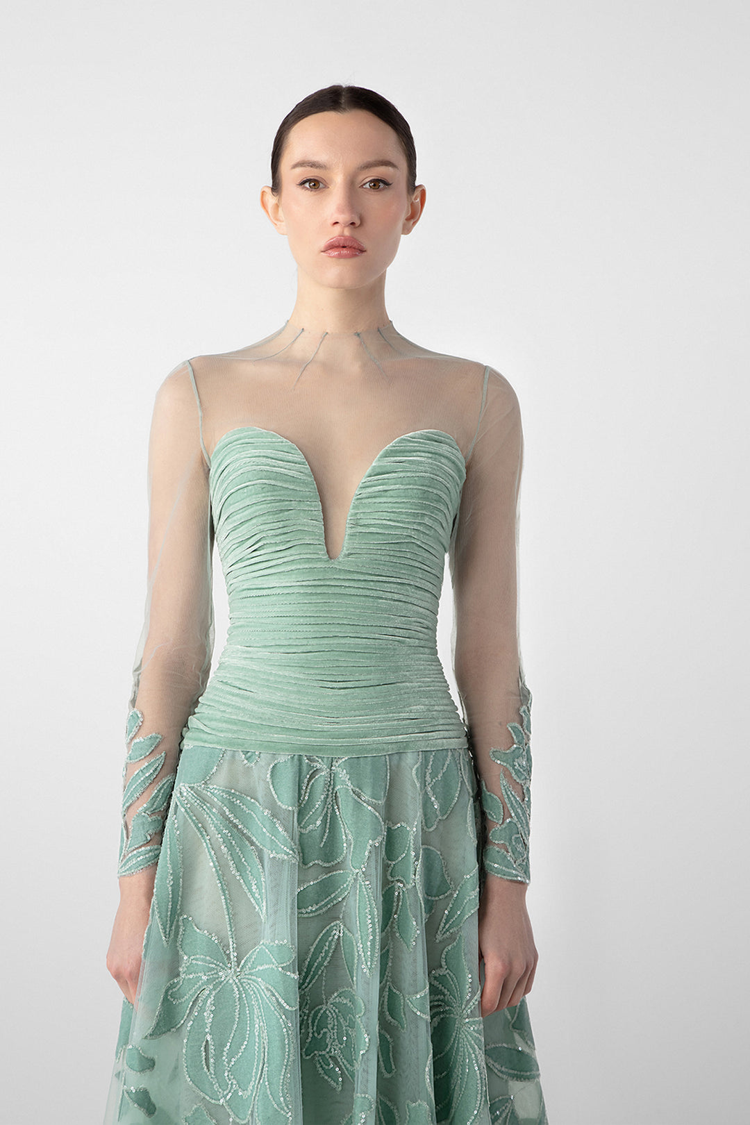 Ruched Bodice Gown with Sheer Embroidery