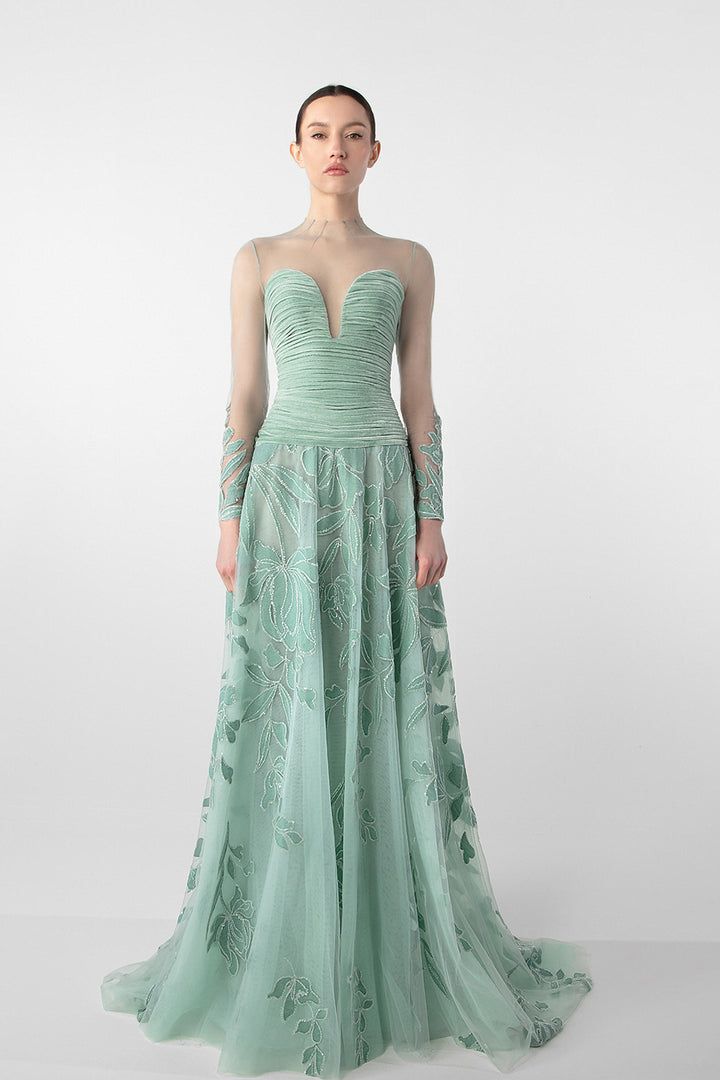 Ruched Bodice Gown with Sheer Embroidery