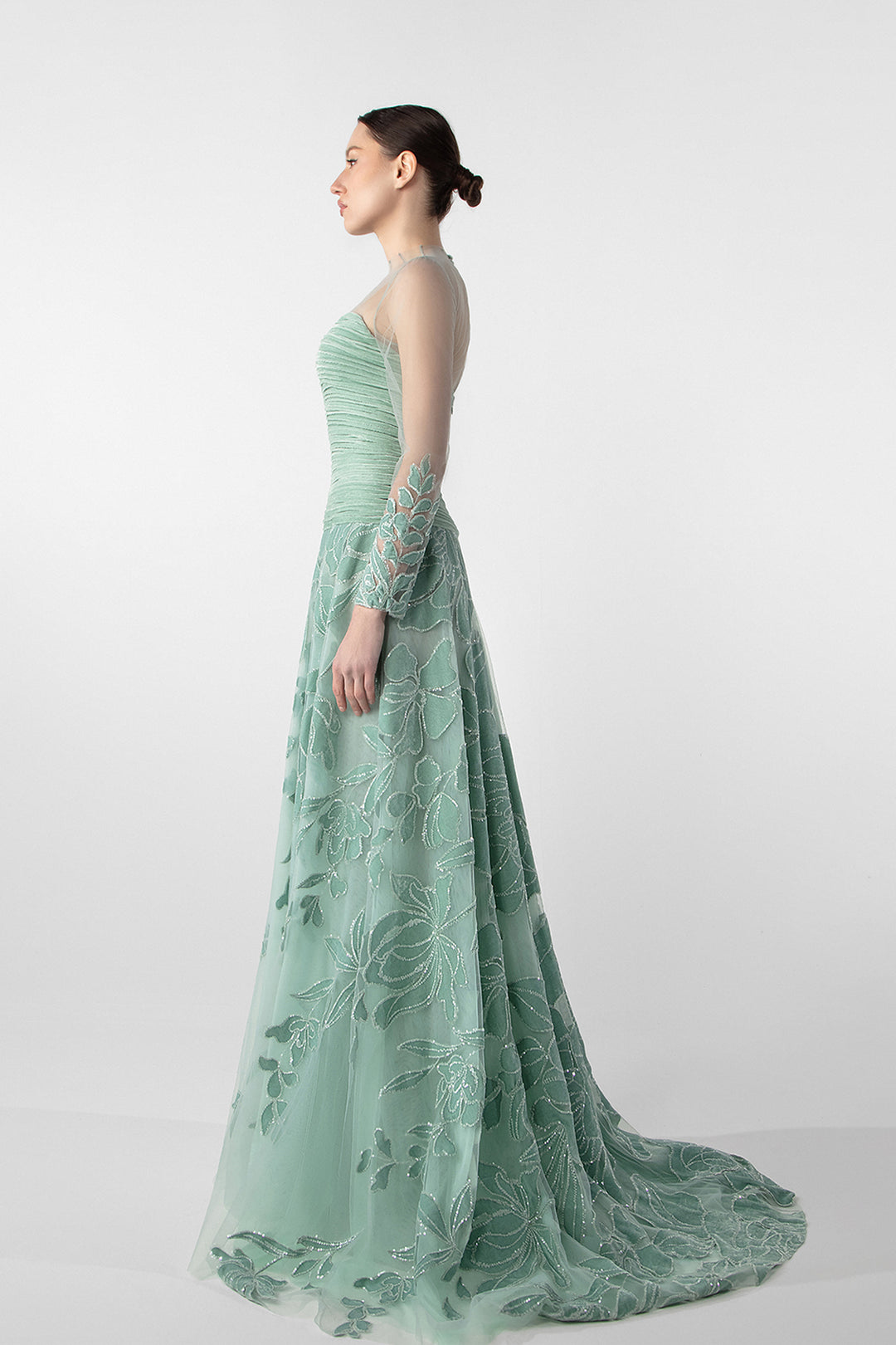 Ruched Bodice Gown with Sheer Embroidery