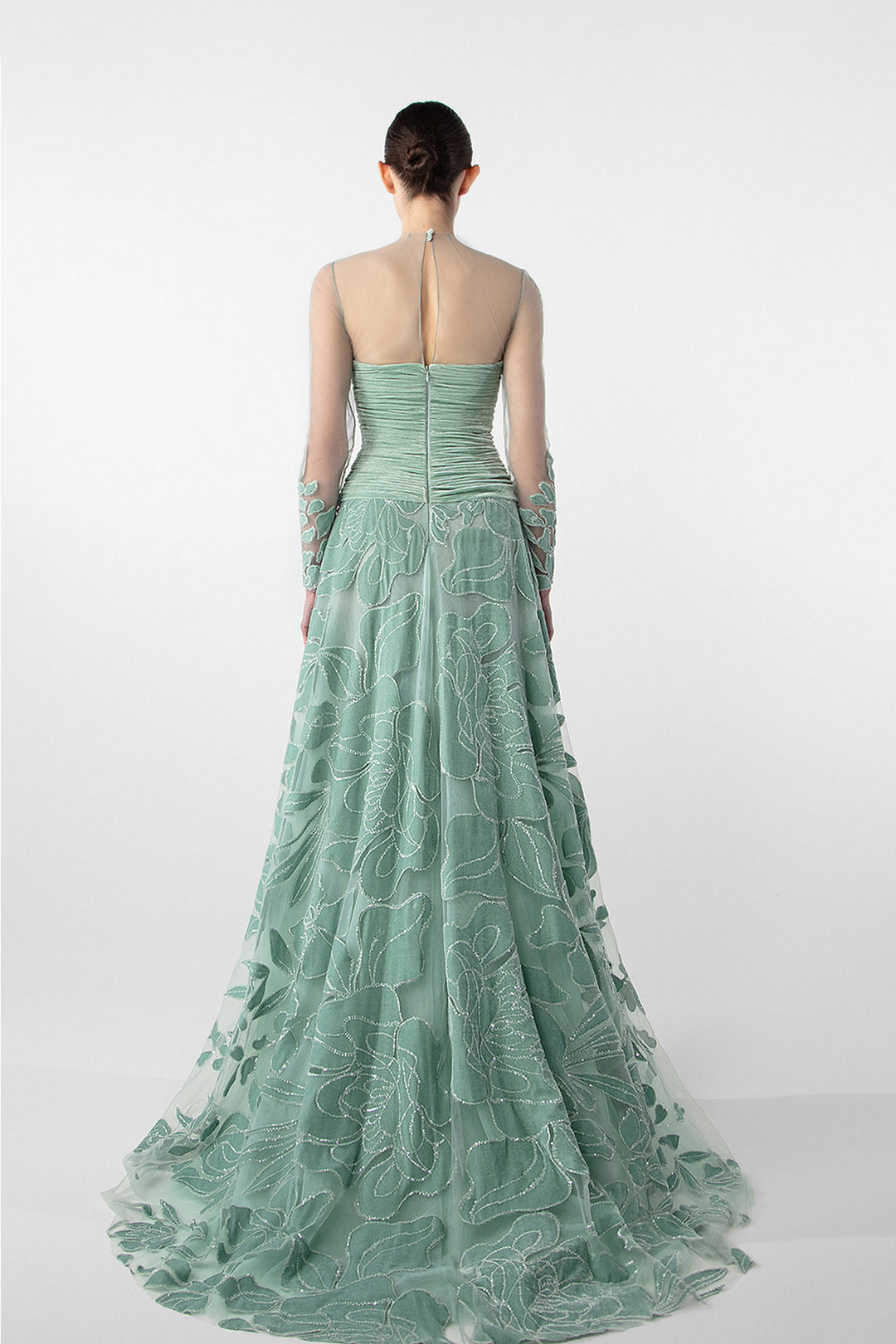 Ruched Bodice Gown with Sheer Embroidery