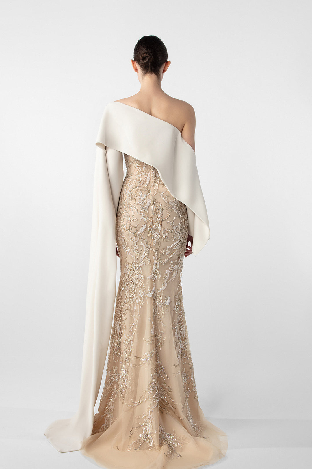 Embroidered Mermaid Dress with Draped Sleeve