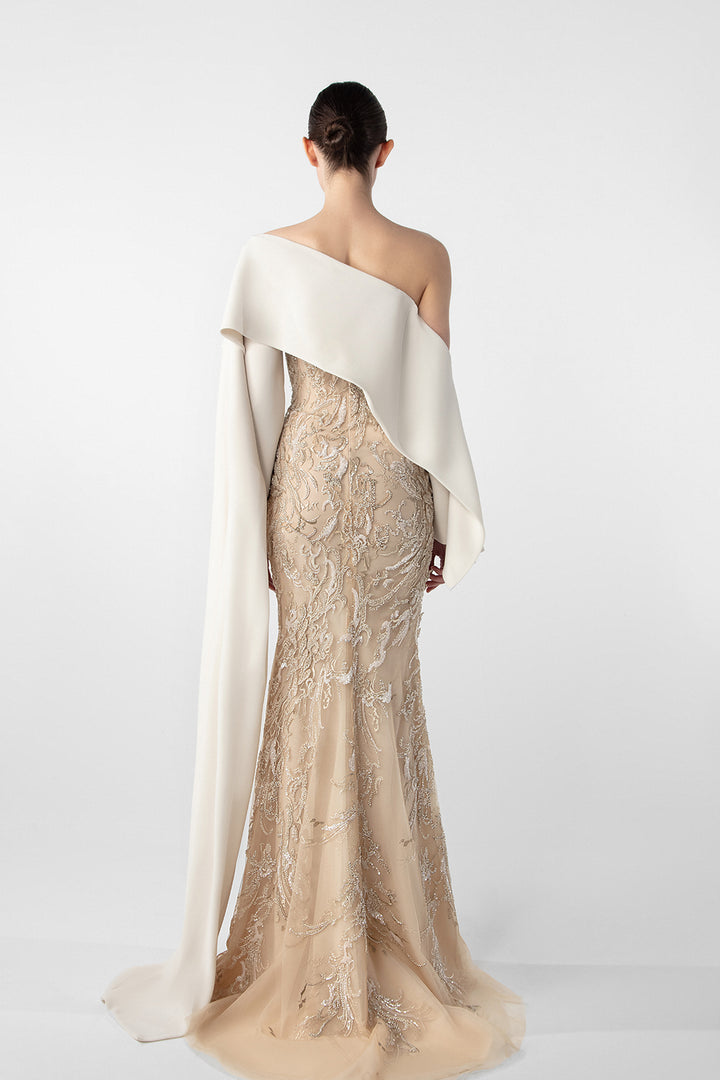 Embroidered Mermaid Dress with Draped Sleeve