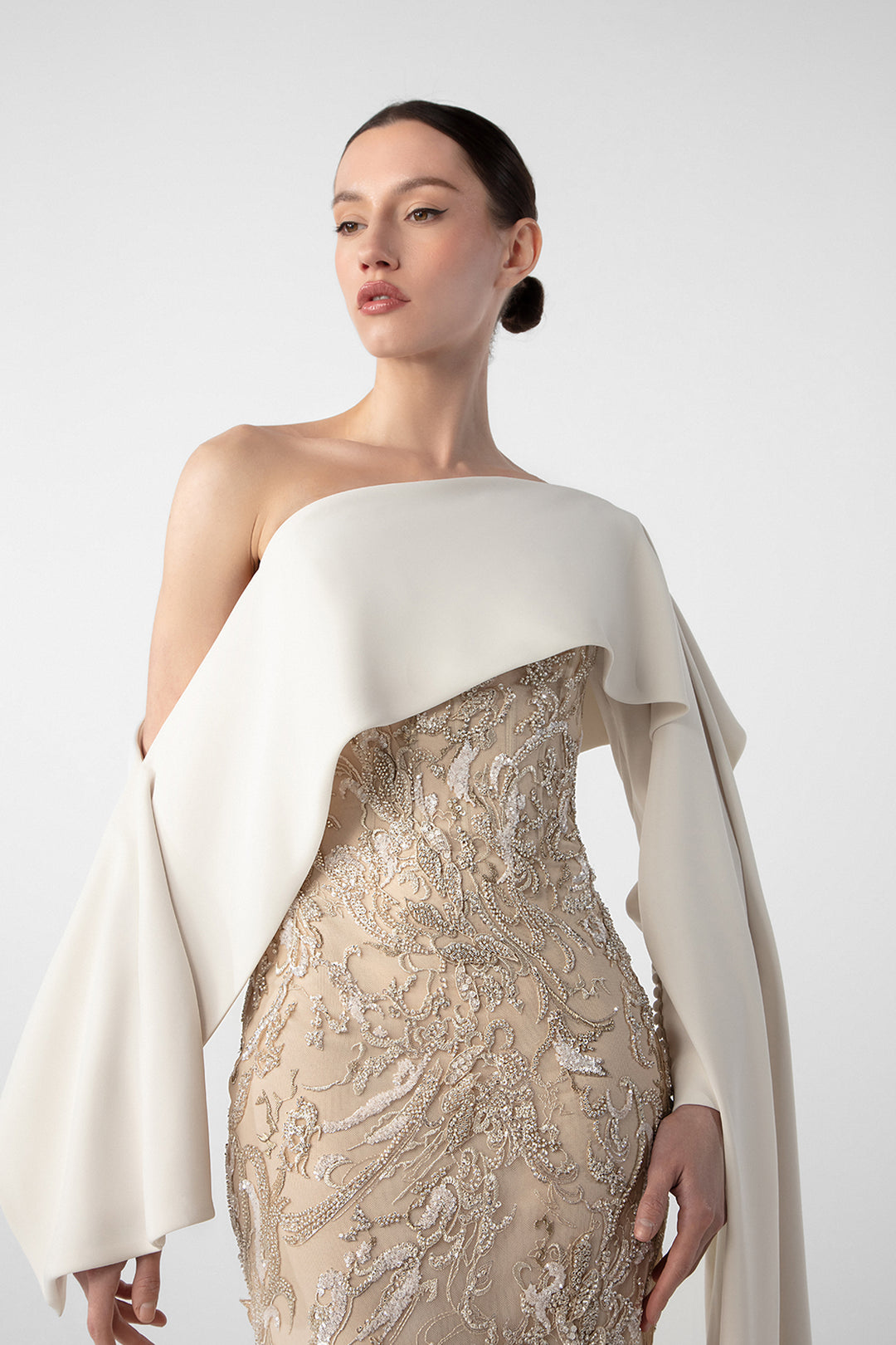 Embroidered Mermaid Dress with Draped Sleeve