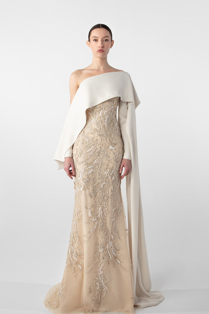 Embroidered Mermaid Dress with Draped Sleeve