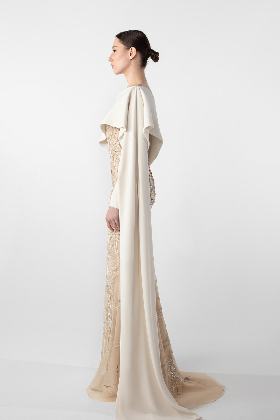 Embroidered Mermaid Dress with Draped Sleeve