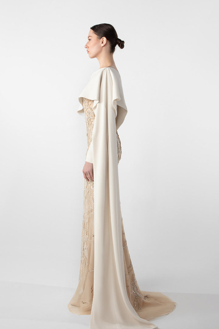 Embroidered Mermaid Dress with Draped Sleeve