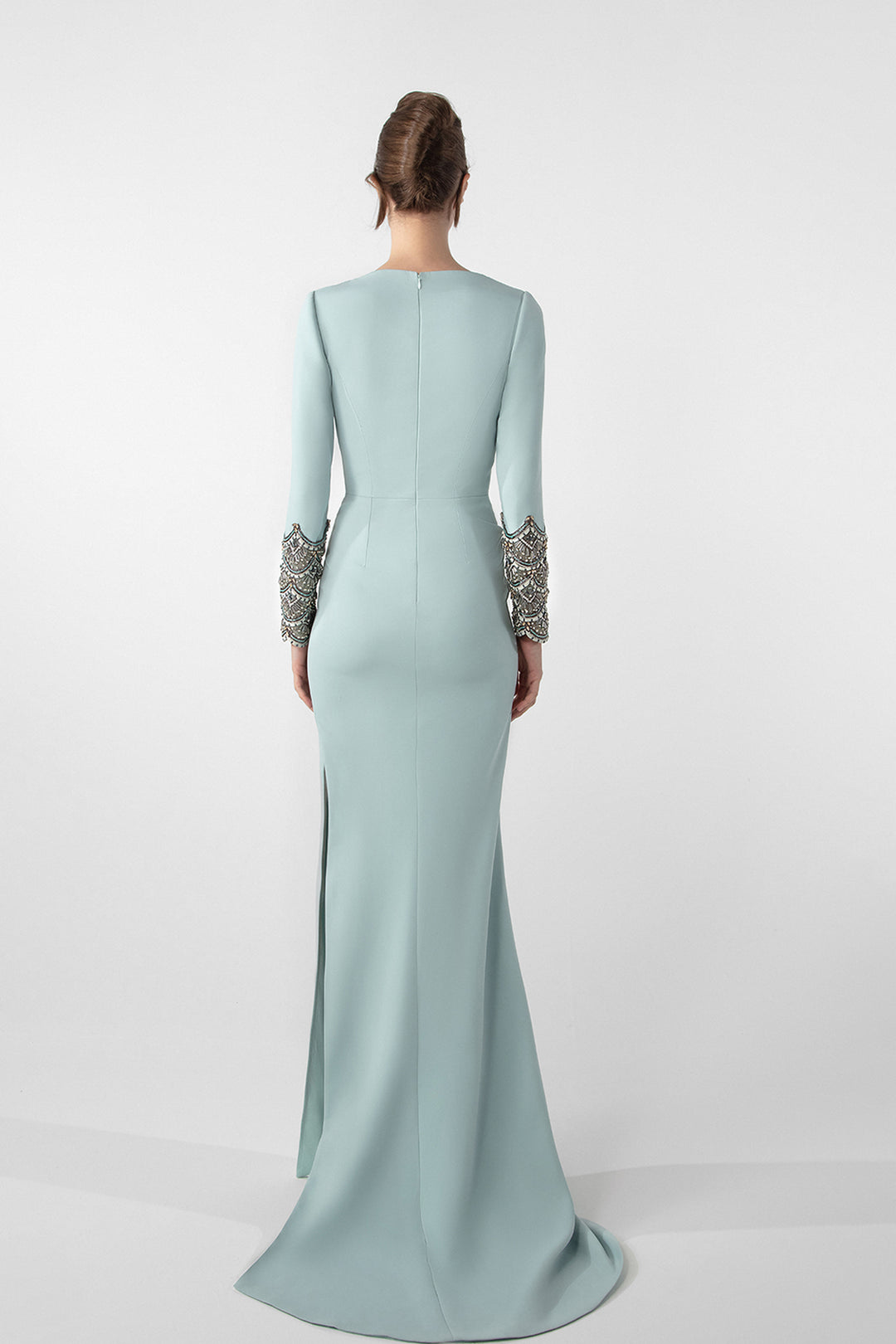 Draped Asymmetric Dress with Embroidered Sleeves