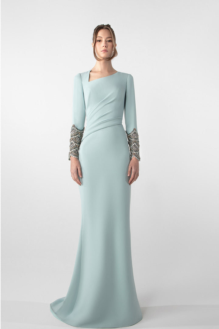 Draped Asymmetric Dress with Embroidered Sleeves