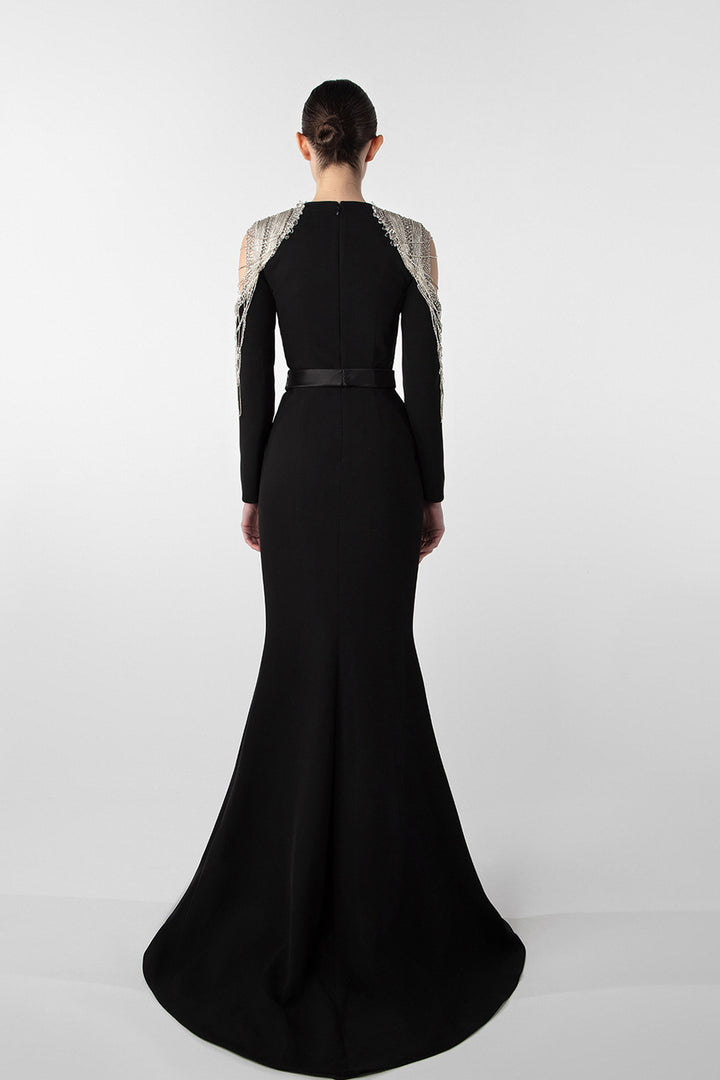 Chain Embellished Crepe Gown with Satin Belt