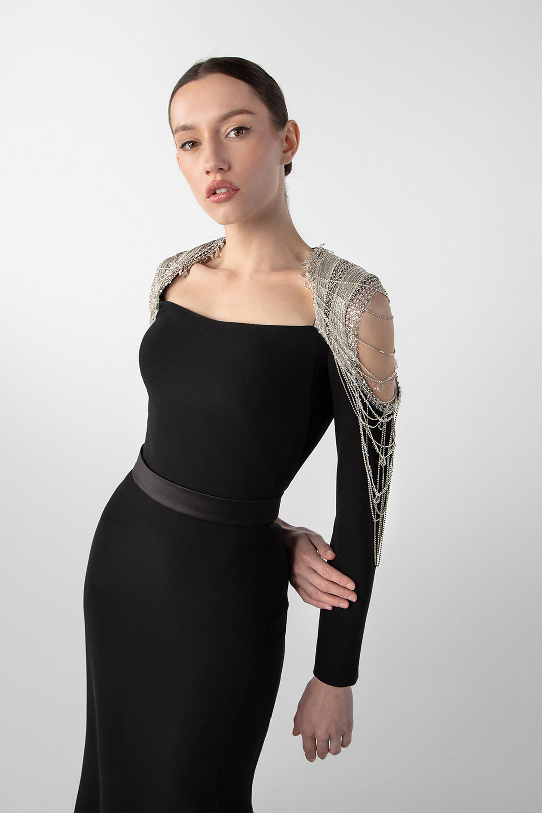 Chain Embellished Crepe Gown with Satin Belt