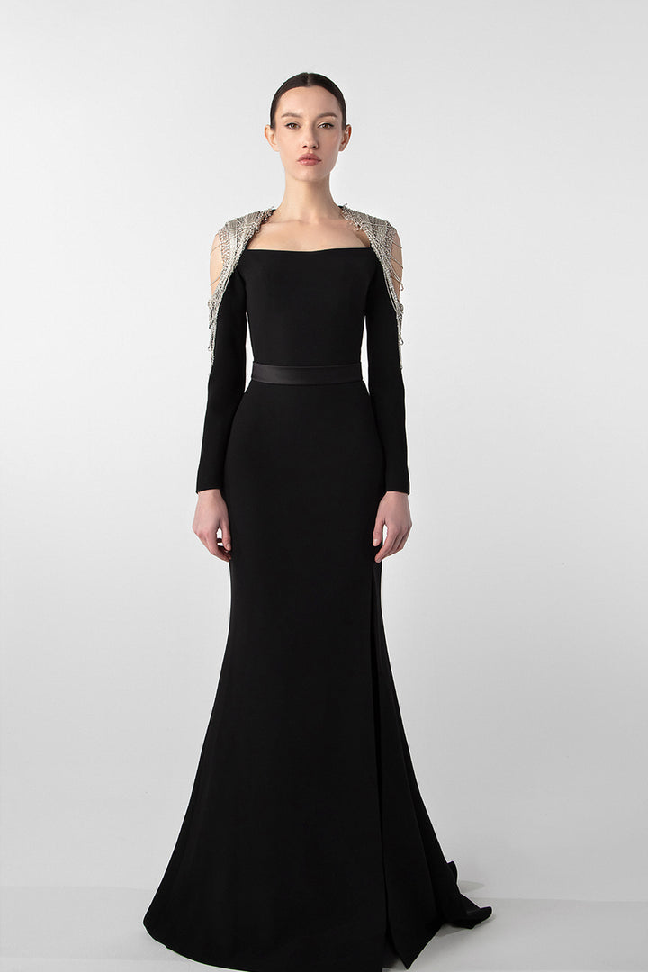 Chain Embellished Crepe Gown with Satin Belt