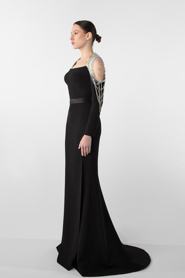 Chain Embellished Crepe Gown with Satin Belt