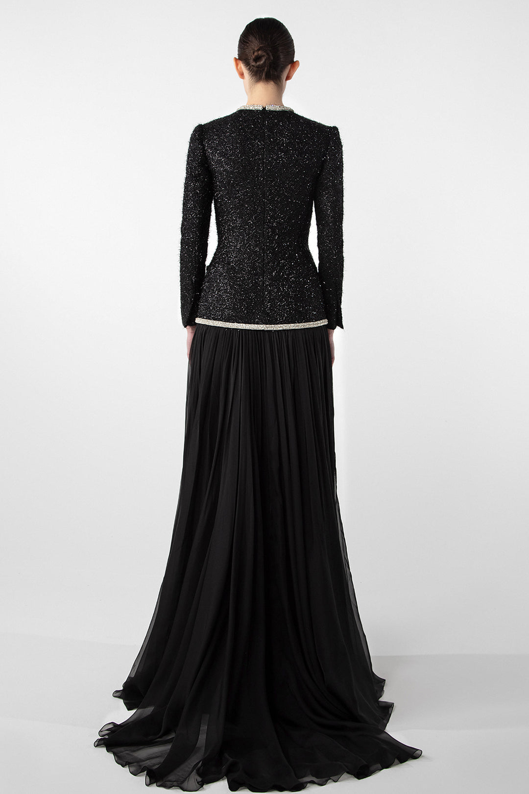 Embroidered Tweed and Chiffon Gown