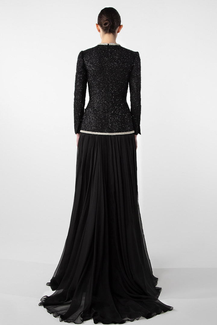 Embroidered Tweed and Chiffon Gown