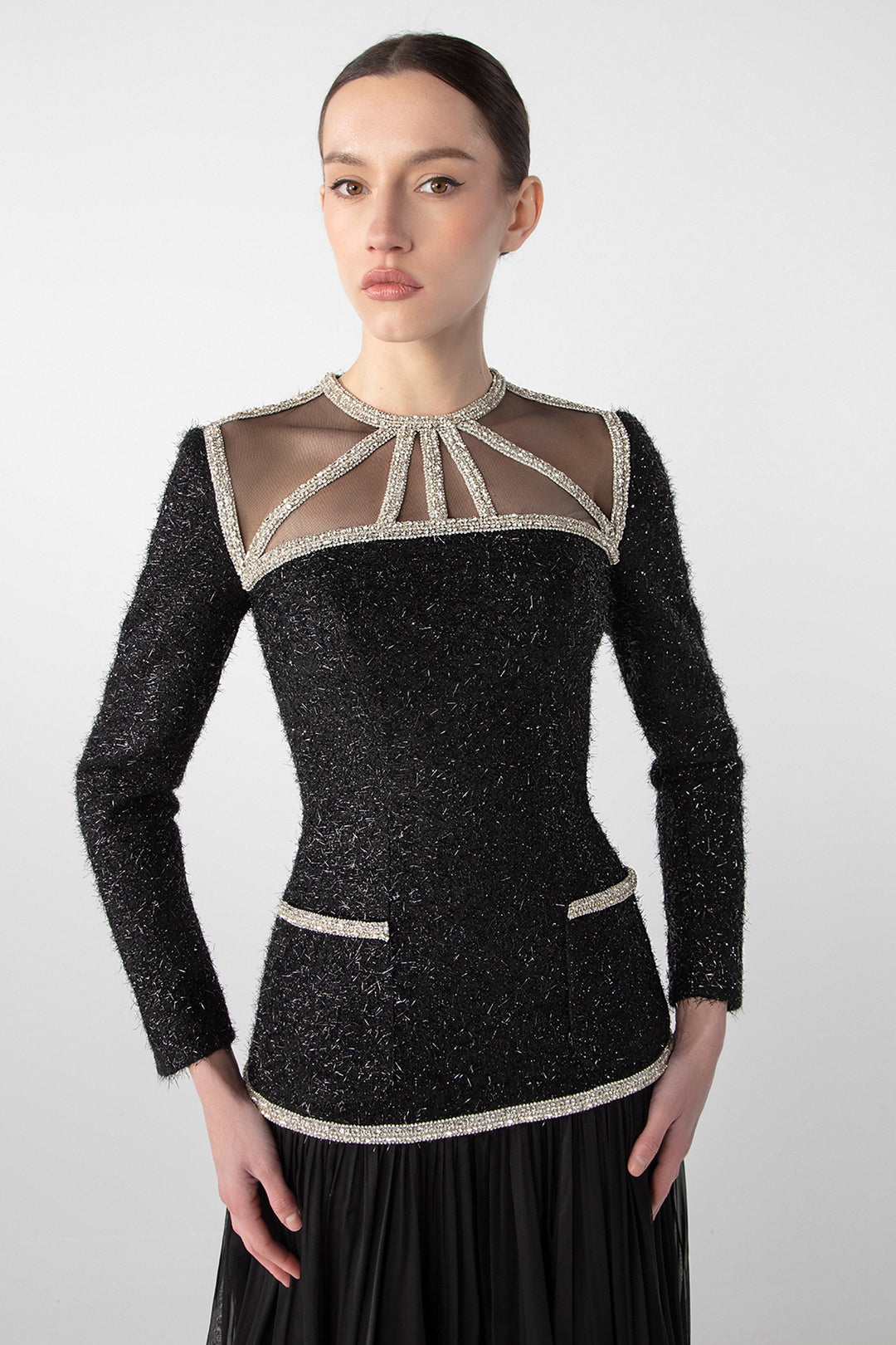 Embroidered Tweed and Chiffon Gown