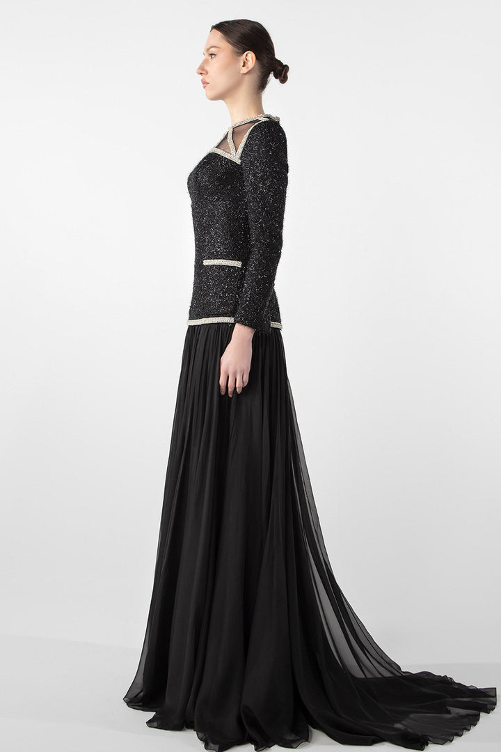 Embroidered Tweed and Chiffon Gown