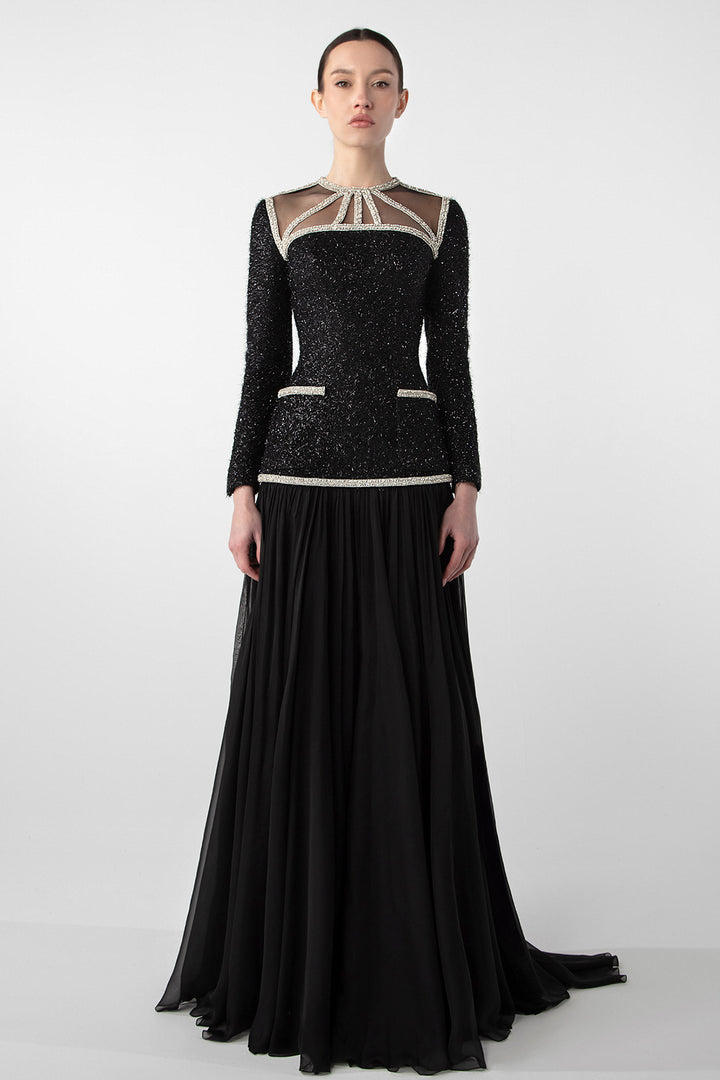 Embroidered Tweed and Chiffon Gown