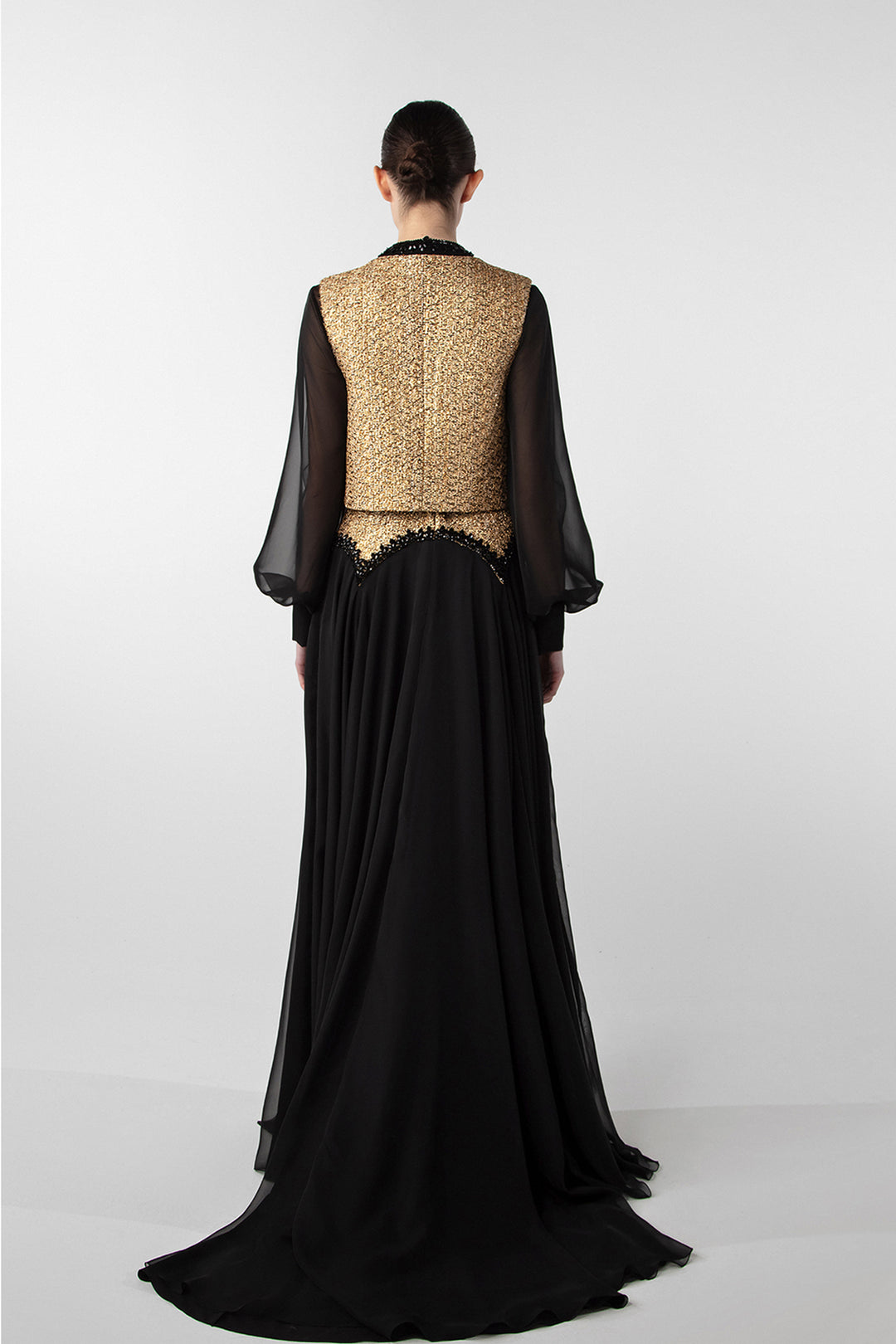 Tweed and Chiffon Ensemble with Embroidered Stones