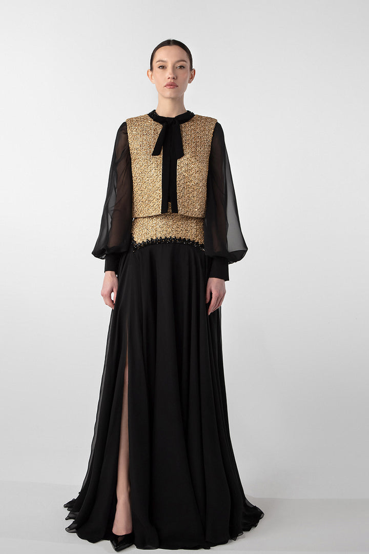 Tweed and Chiffon Ensemble with Embroidered Stones