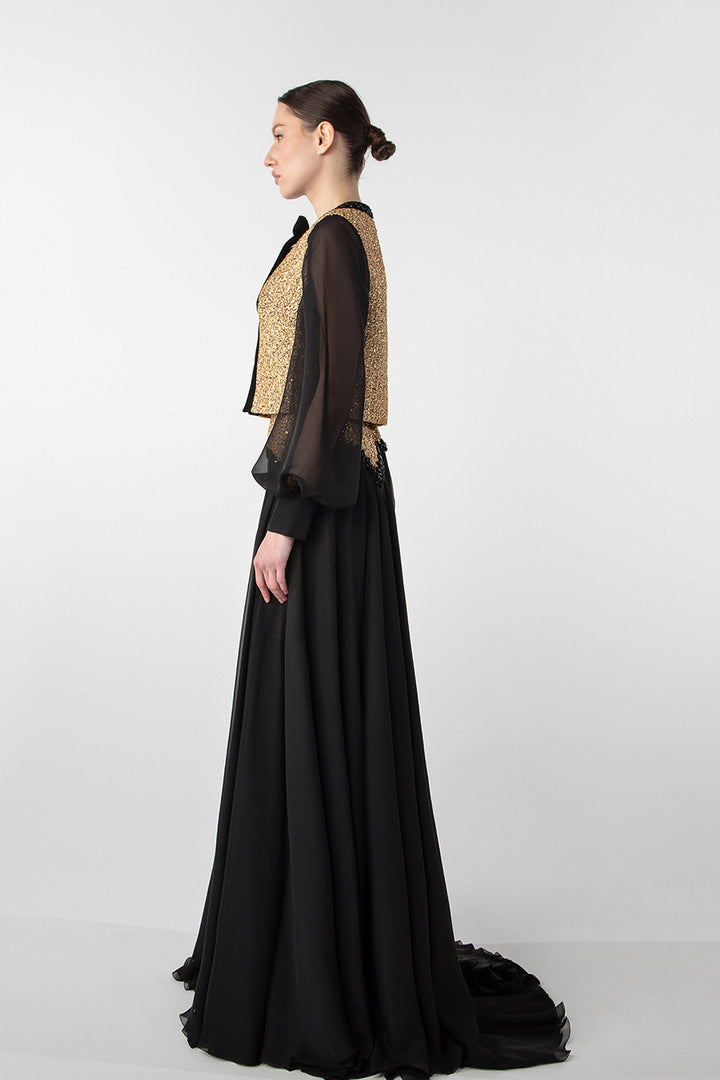 Tweed and Chiffon Ensemble with Embroidered Stones