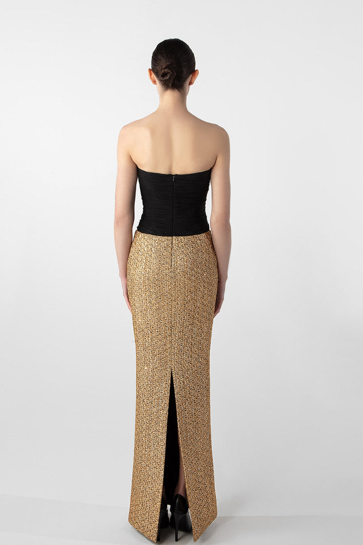 Strapless Draped Chiffon and Tweed Column Dress