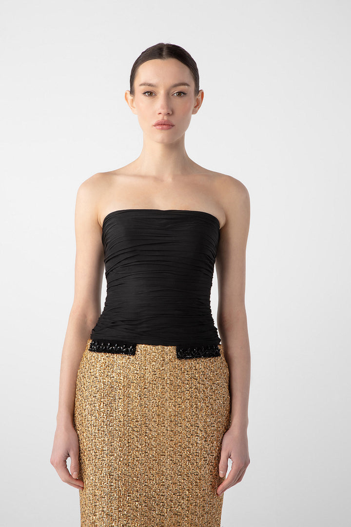 Strapless Draped Chiffon and Tweed Column Dress