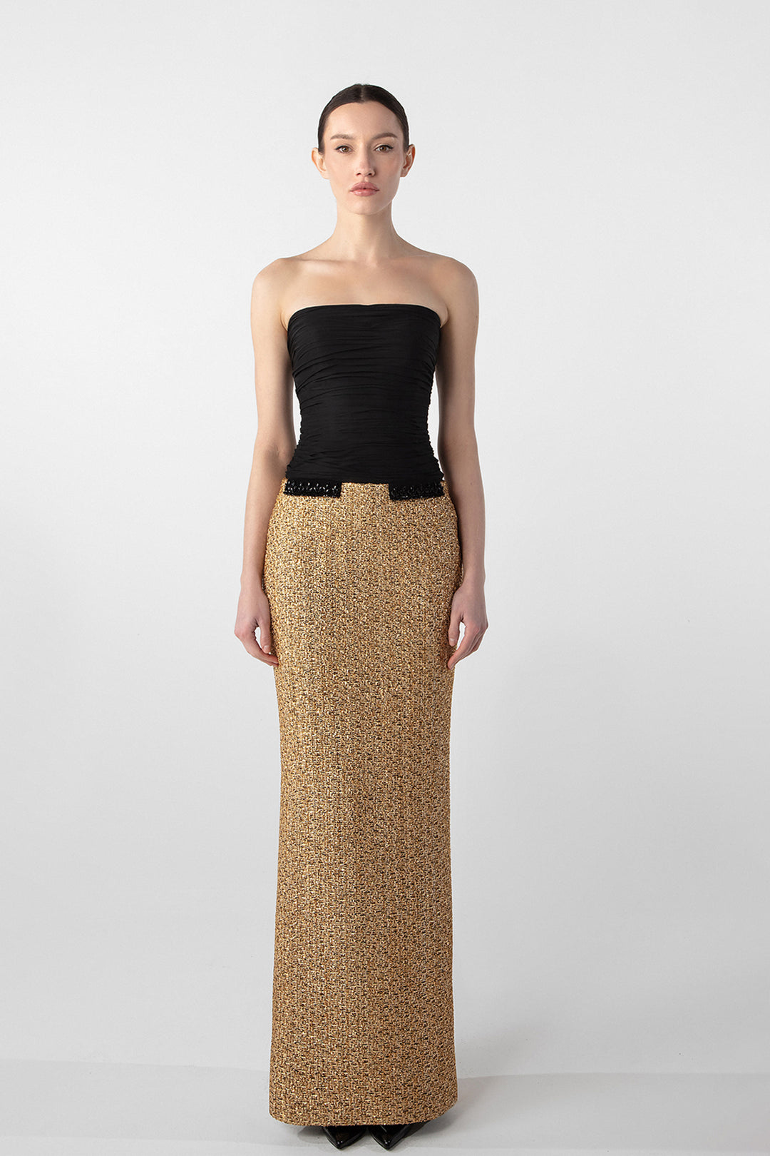 strapless tweed dress Strapless Draped Chiffon and Tweed Column Dress Black and Gold / FR 46