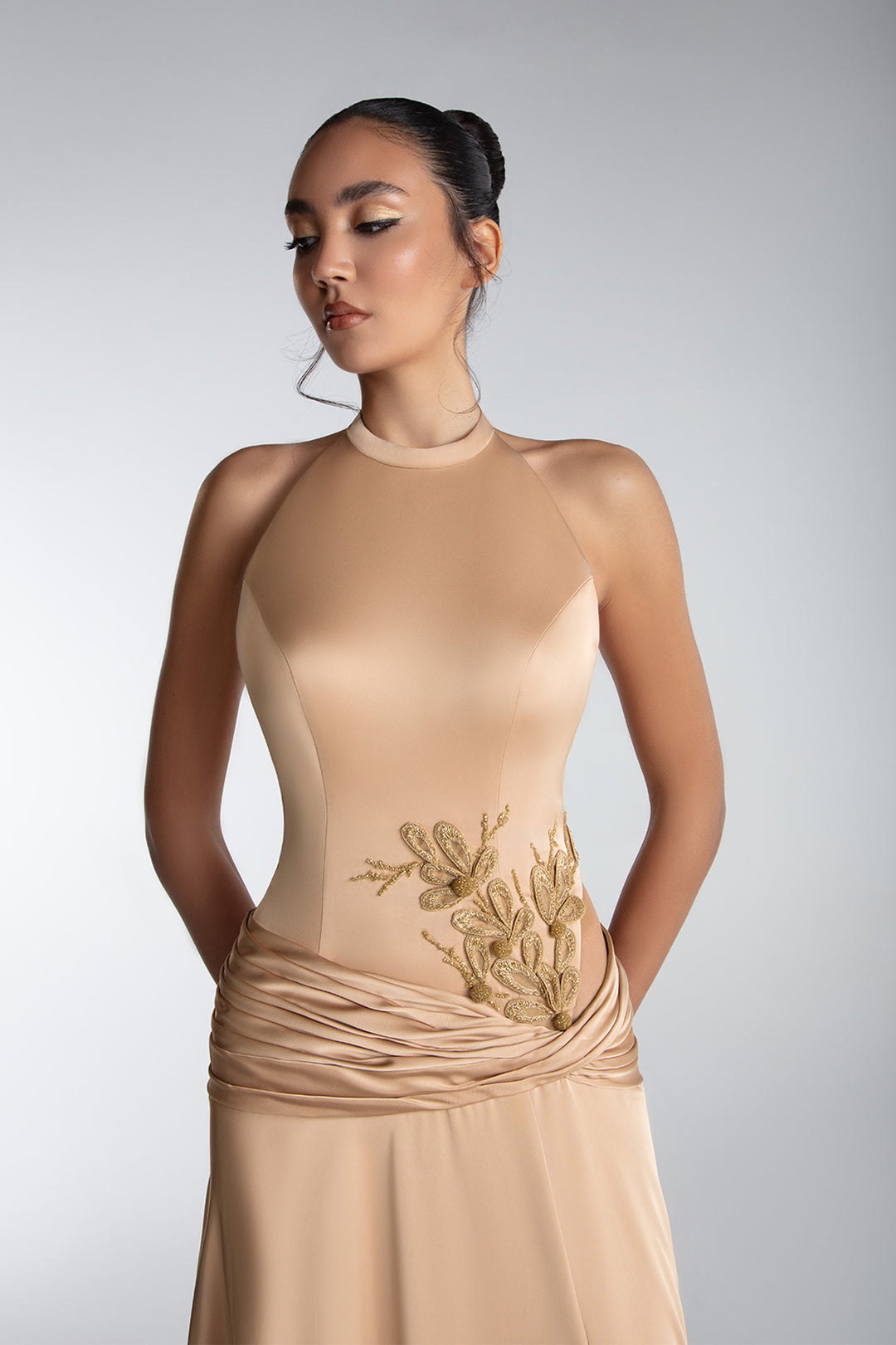Draped Halter Gown With Side Embroidery