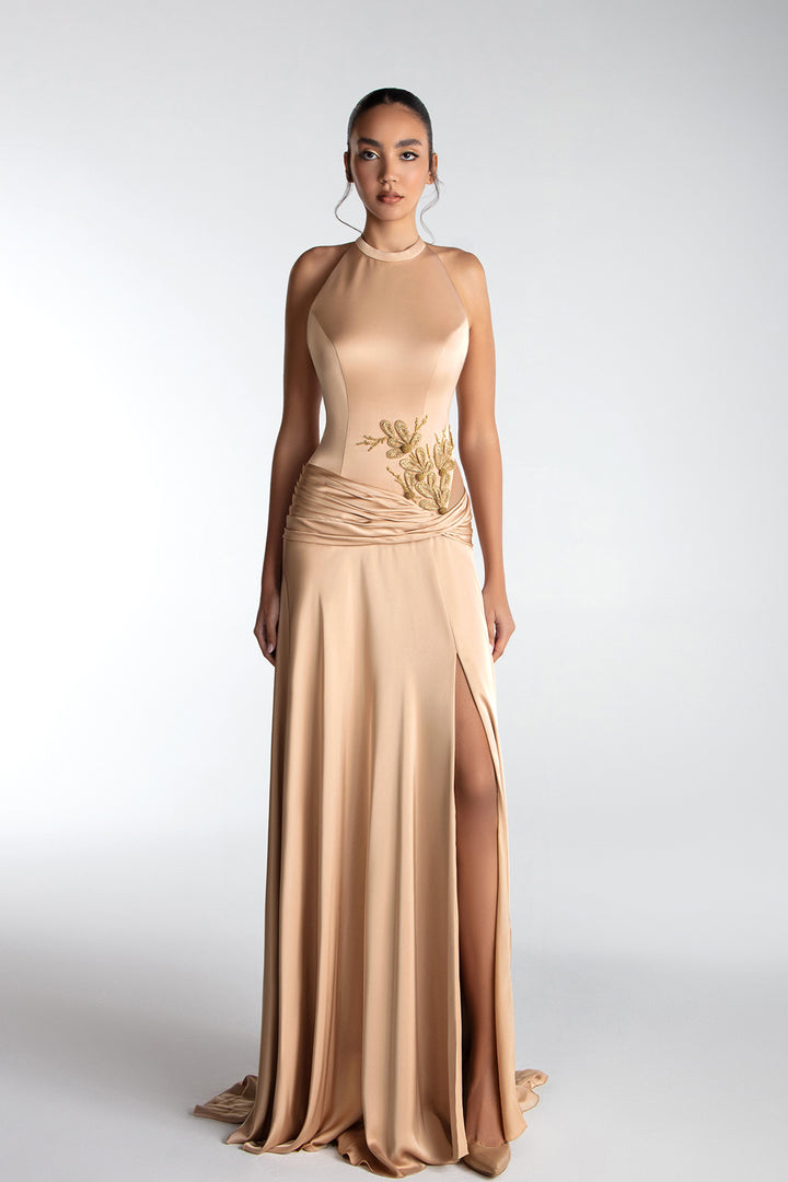 Draped Halter Gown With Side Embroidery