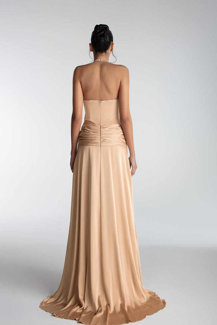 Draped Halter Gown With Side Embroidery