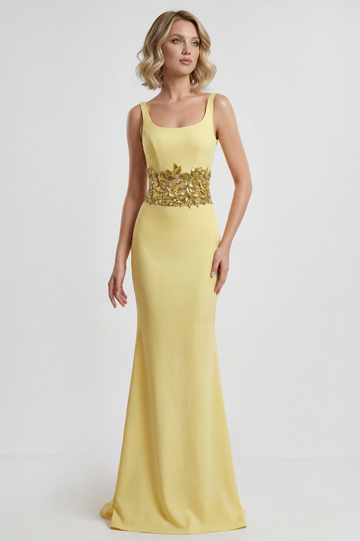 Fitted Gown with Embroidered Waist Detail