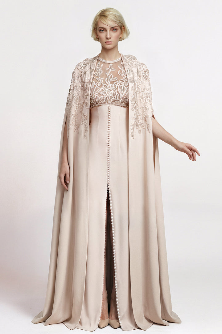 Embroidered Illusion Crepe Gown with Embroidered Cape