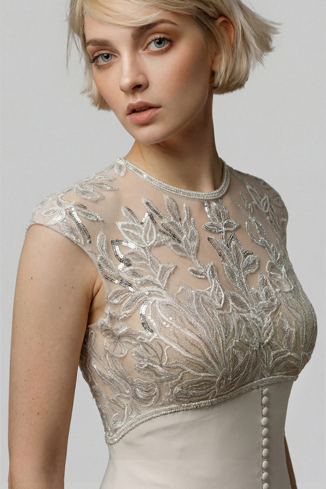 Embroidered Illusion Crepe Column Gown