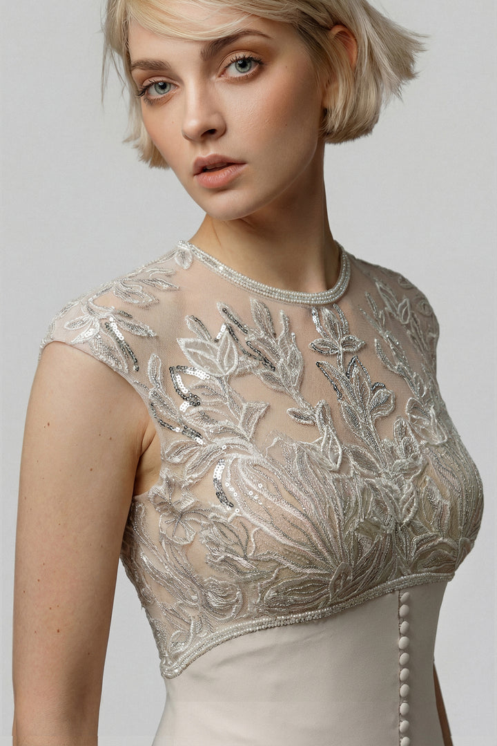 Embroidered Illusion Crepe Column Gown