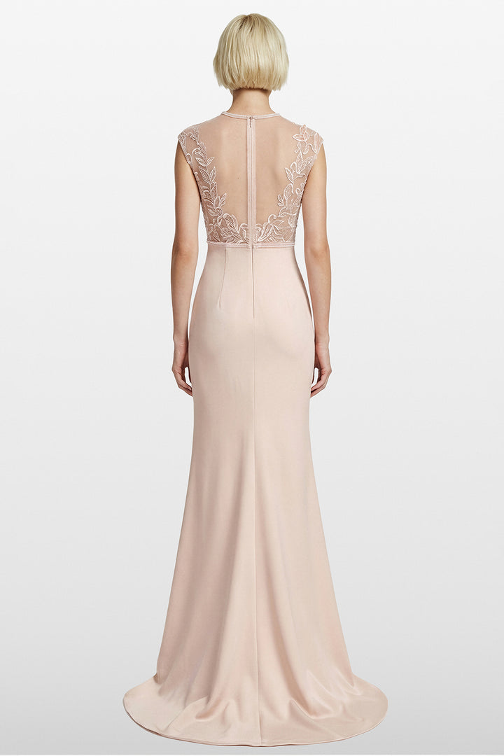 Embroidered Illusion Crepe Column Gown