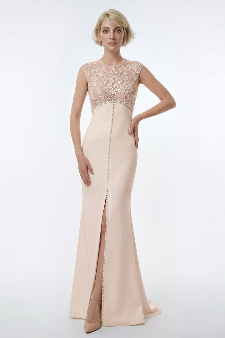Embroidered Illusion Crepe Column Gown
