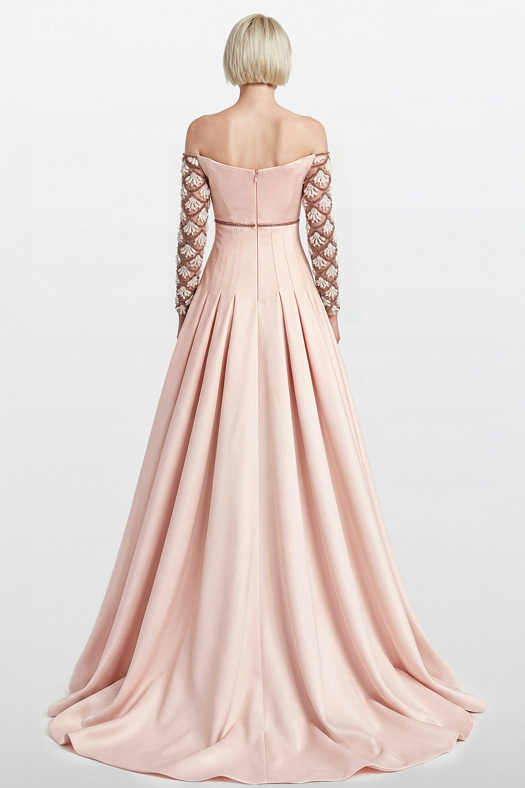 Off-Shoulder Satin Duchess Gown with Embroidered Sleeves