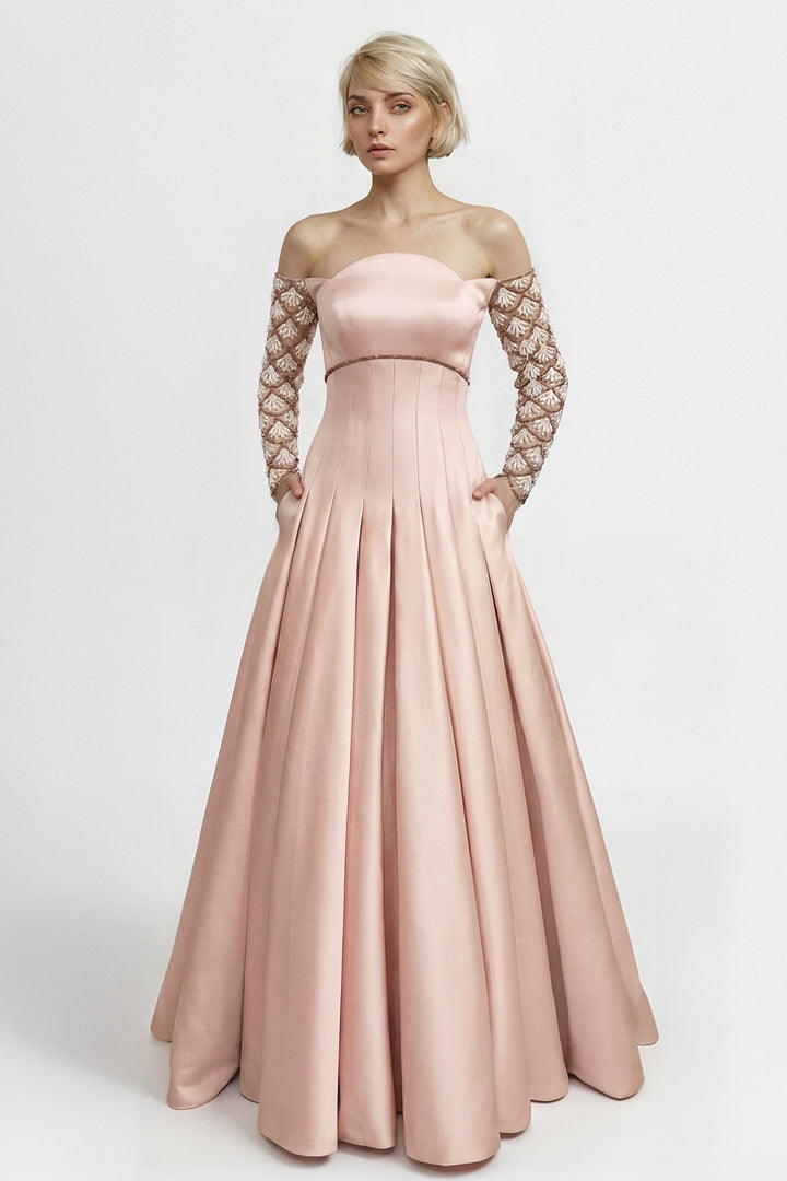 Off-Shoulder Satin Duchess Gown with Embroidered Sleeves