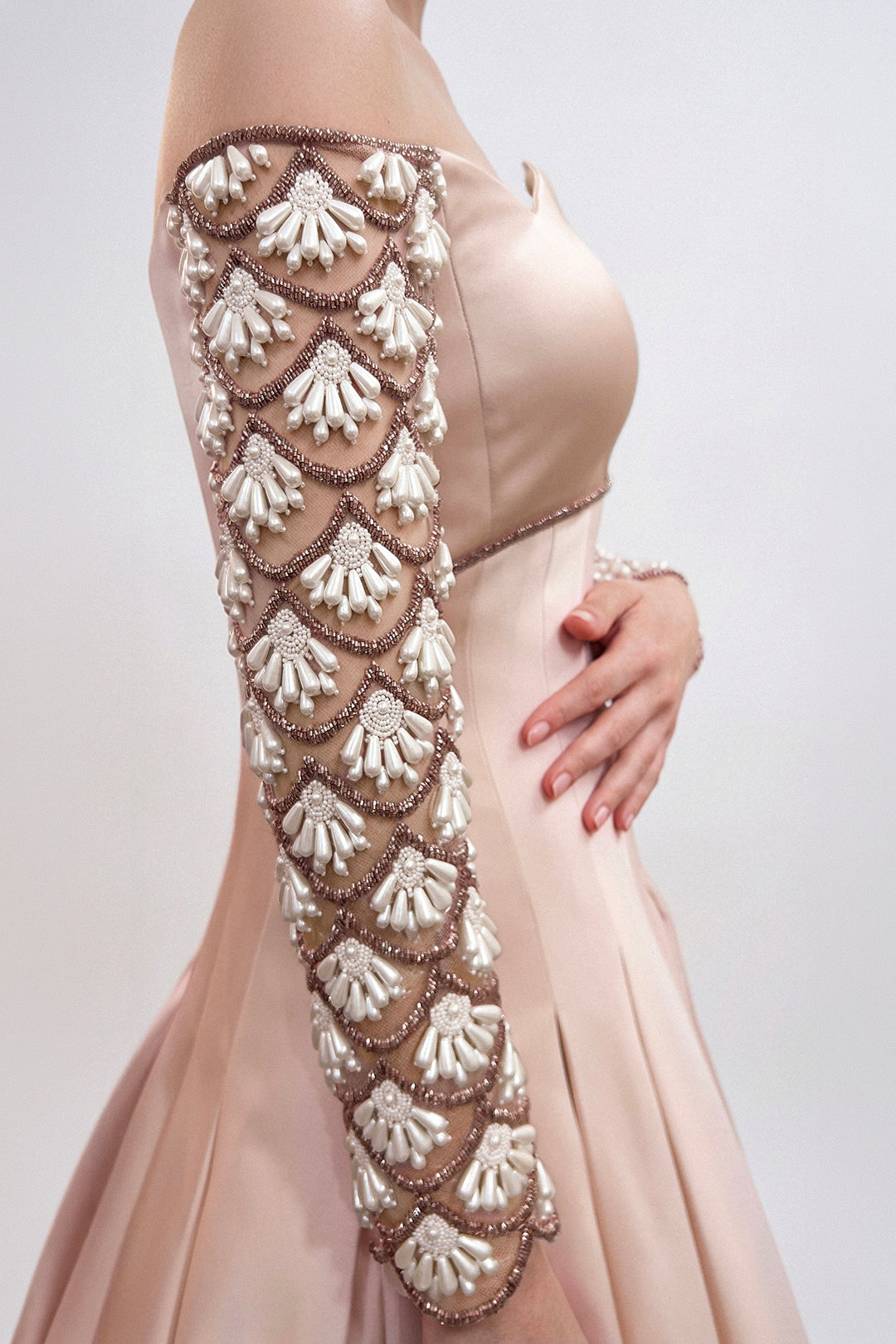Off-Shoulder Satin Duchess Gown with Embroidered Sleeves