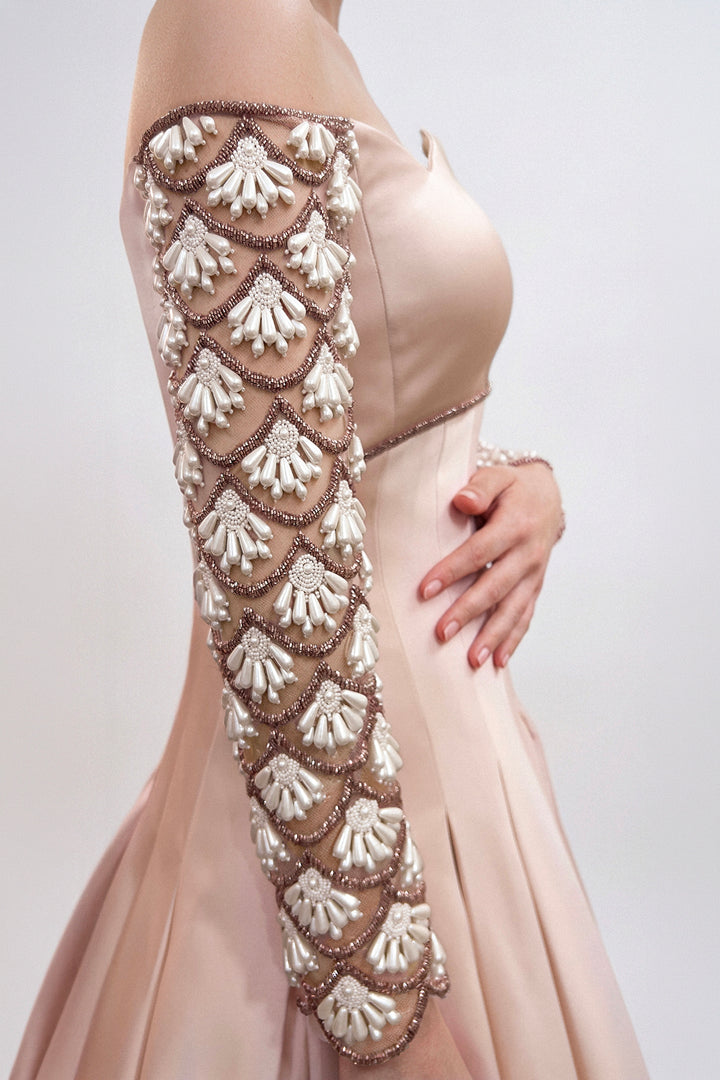 Off-Shoulder Satin Duchess Gown with Embroidered Sleeves