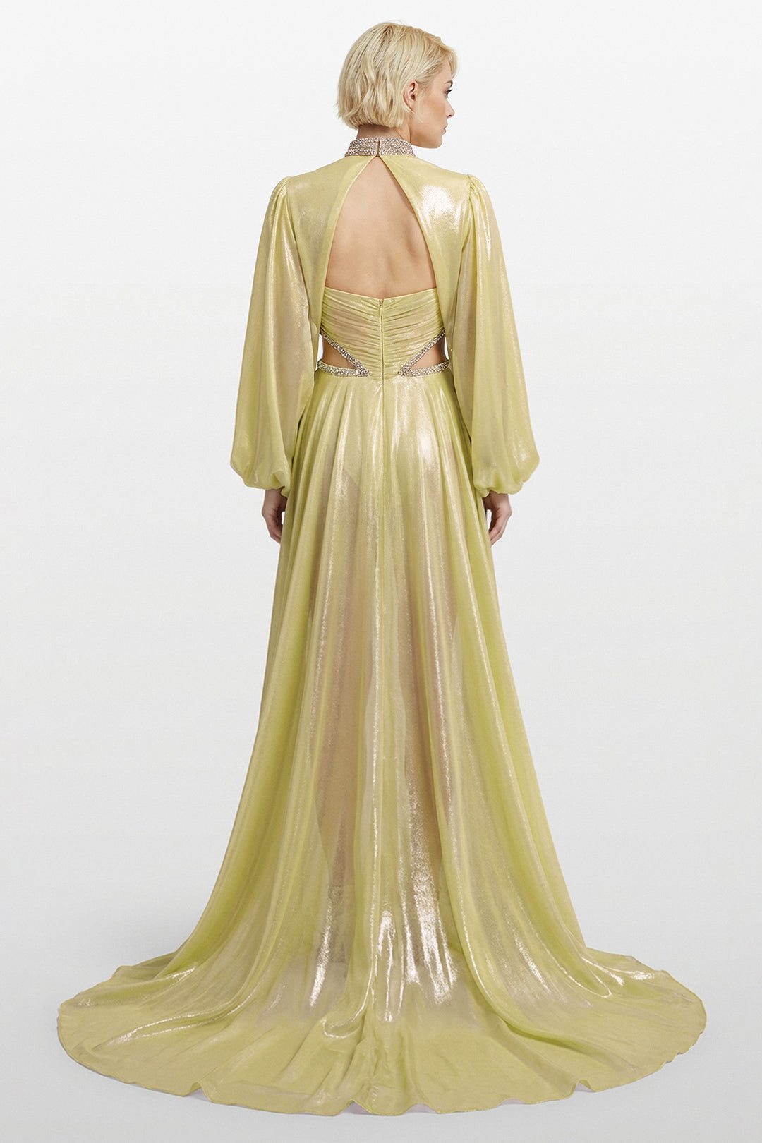 High-Neck Draped Chiffon Gown with Cape