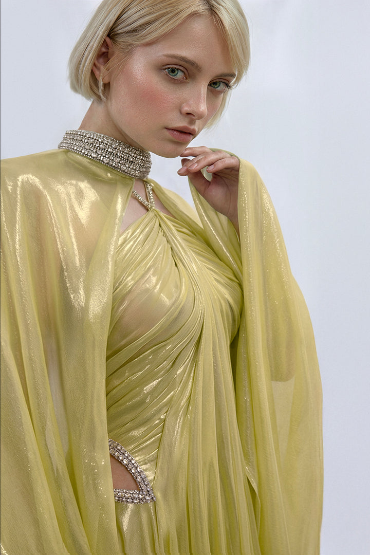 High-Neck Draped Chiffon Gown with Cape