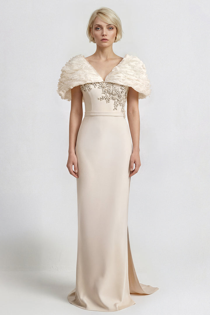 Embroidered Crepe Gown with Organza Cape