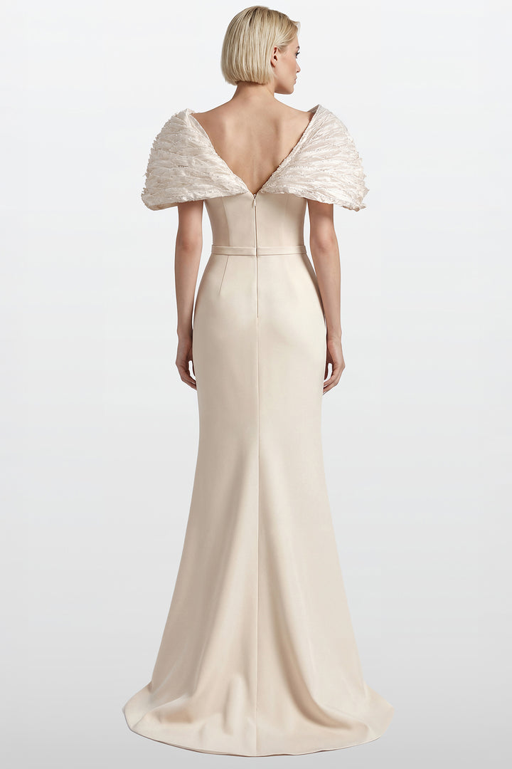 Embroidered Crepe Gown with Organza Cape
