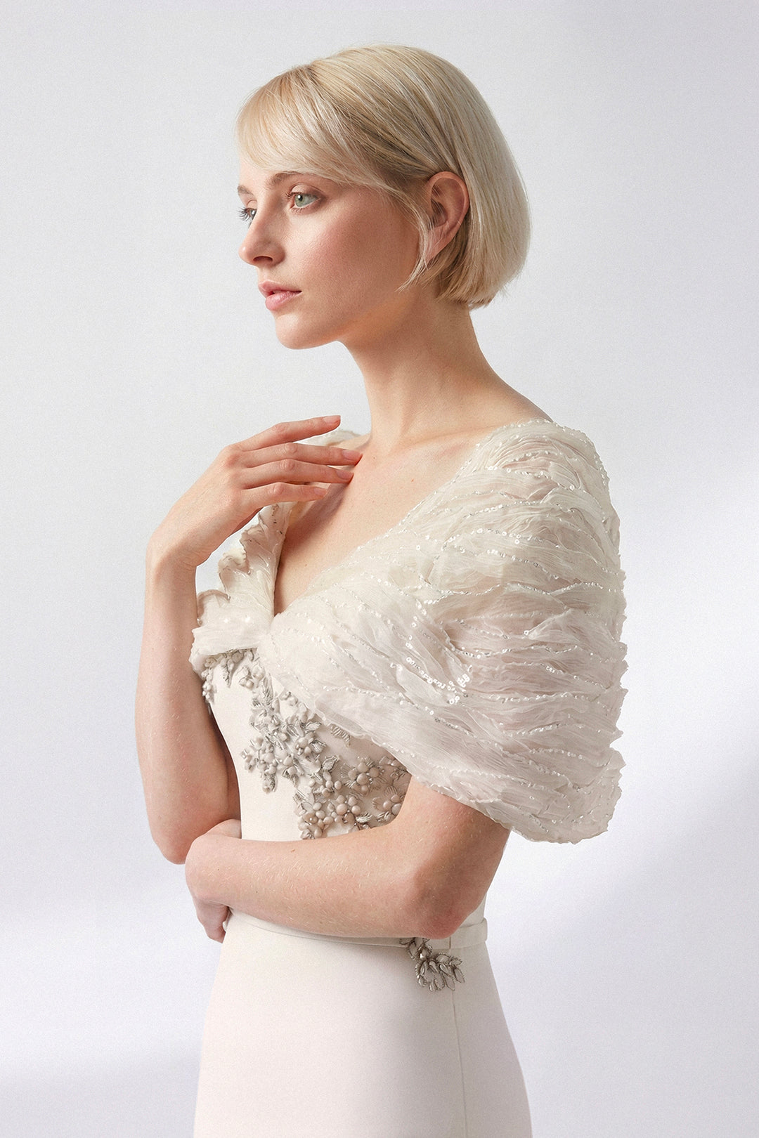 Embroidered Crepe Gown with Organza Cape