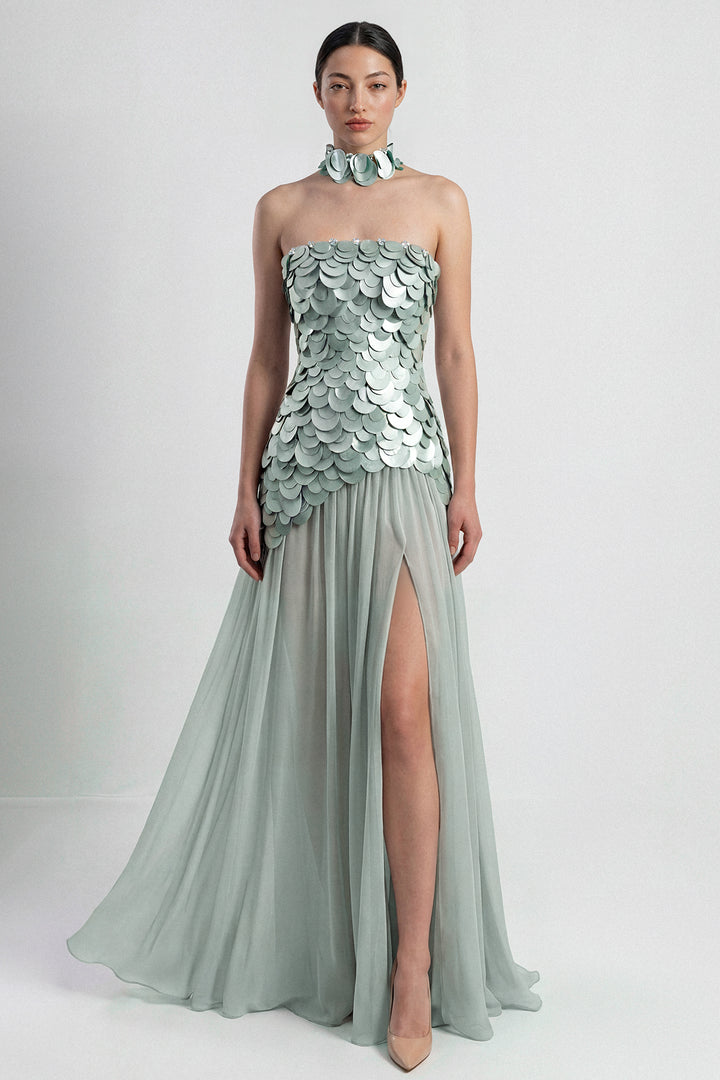 Halter Column Gown with Sculpted Embellished Bodice